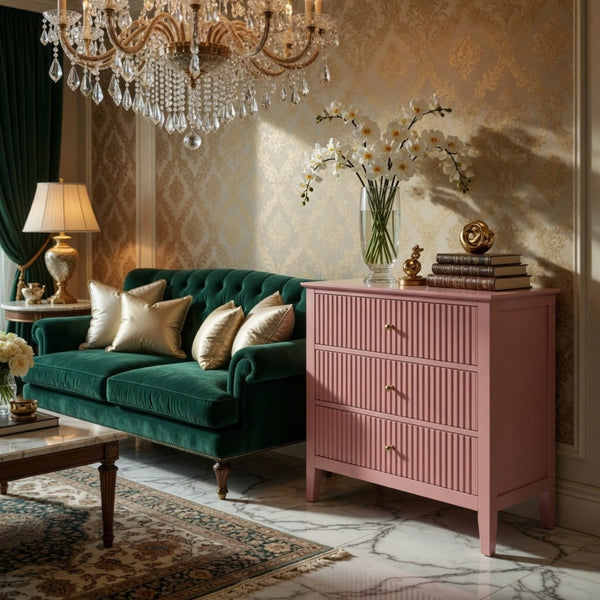 English Elm 32" Wide Fluted Blush Nightstand with Three Soft-close Drawers and Gold Knob Hardware Pink B082P517244