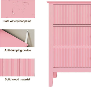 English Elm 32" Wide Fluted Blush Nightstand with Three Soft-close Drawers and Gold Knob Hardware Pink B082P517244