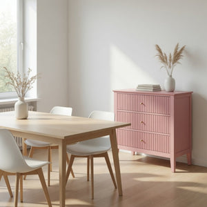 English Elm 32" Wide Fluted Blush Nightstand with Three Soft-close Drawers and Gold Knob Hardware Pink B082P517244