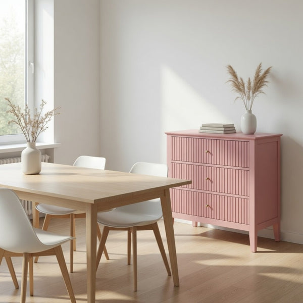 English Elm 32" Wide Fluted Blush Nightstand with Three Soft-close Drawers and Gold Knob Hardware Pink B082P517244
