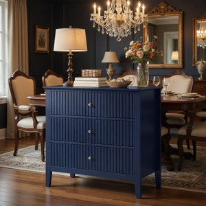 English Elm 32" Wide Fluted Blush Nightstand with Three Soft-close Drawers and Gold Knob Hardware Blue B082P517245