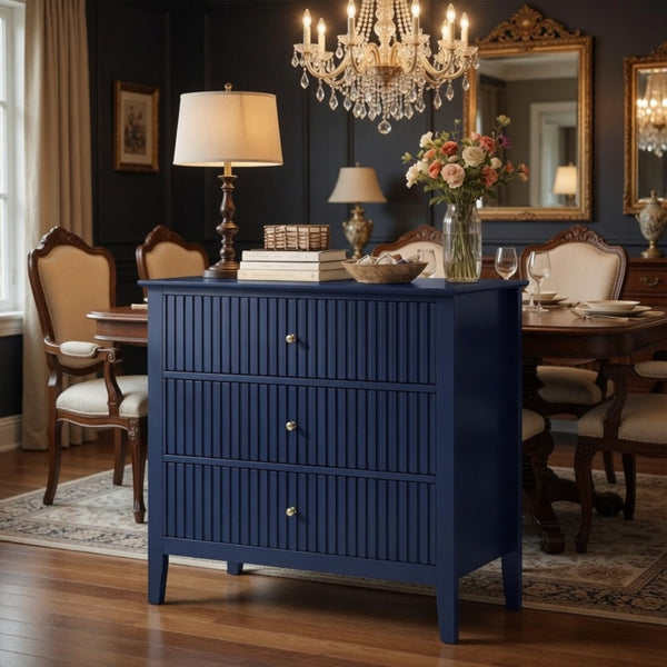 English Elm 32" Wide Fluted Blush Nightstand with Three Soft-close Drawers and Gold Knob Hardware Blue B082P517245