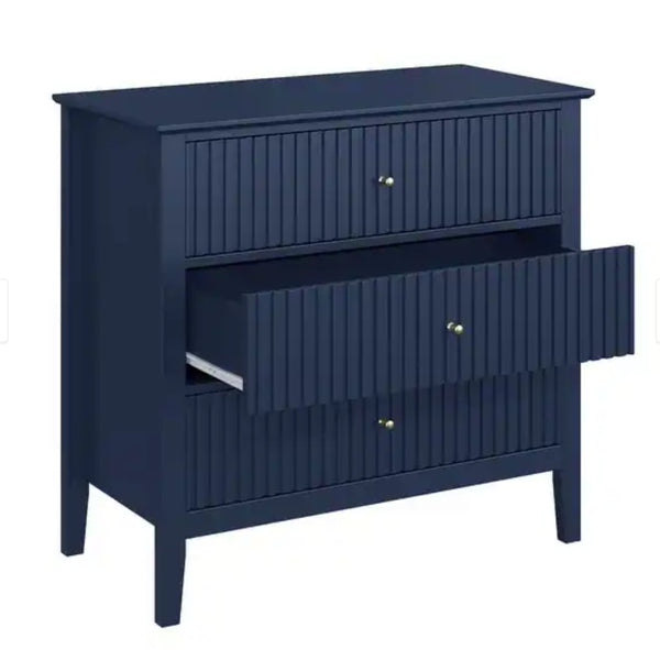English Elm 32" Wide Fluted Blush Nightstand with Three Soft-close Drawers and Gold Knob Hardware Blue B082P517245
