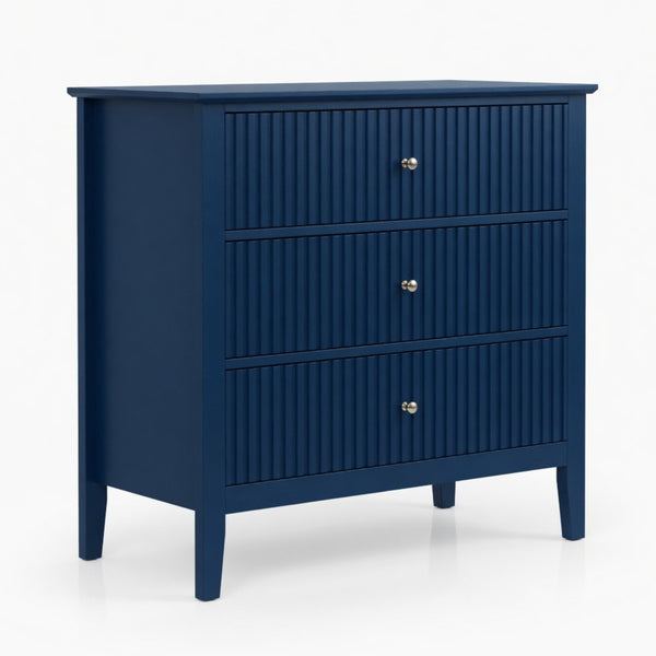 English Elm 32" Wide Fluted Blush Nightstand with Three Soft-close Drawers and Gold Knob Hardware Blue B082P517245