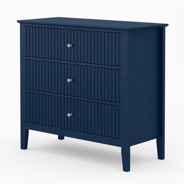 English Elm 32" Wide Fluted Blush Nightstand with Three Soft-close Drawers and Gold Knob Hardware Blue B082P517245