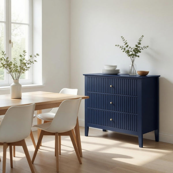 English Elm 32" Wide Fluted Blush Nightstand with Three Soft-close Drawers and Gold Knob Hardware Blue B082P517245