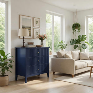 English Elm 32" Wide Fluted Blush Nightstand with Three Soft-close Drawers and Gold Knob Hardware Blue B082P517245