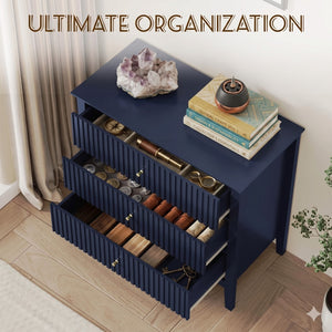 English Elm 32" Wide Fluted Blush Nightstand with Three Soft-close Drawers and Gold Knob Hardware Blue B082P517245