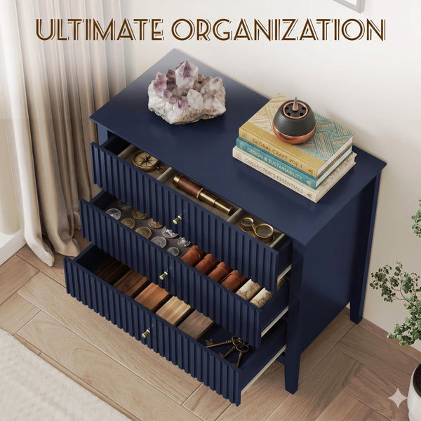 English Elm 32" Wide Fluted Blush Nightstand with Three Soft-close Drawers and Gold Knob Hardware Blue B082P517245