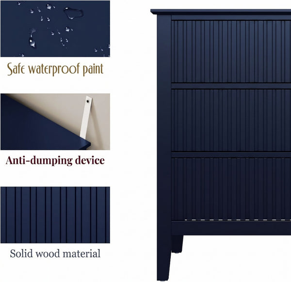 English Elm 32" Wide Fluted Blush Nightstand with Three Soft-close Drawers and Gold Knob Hardware Blue B082P517245