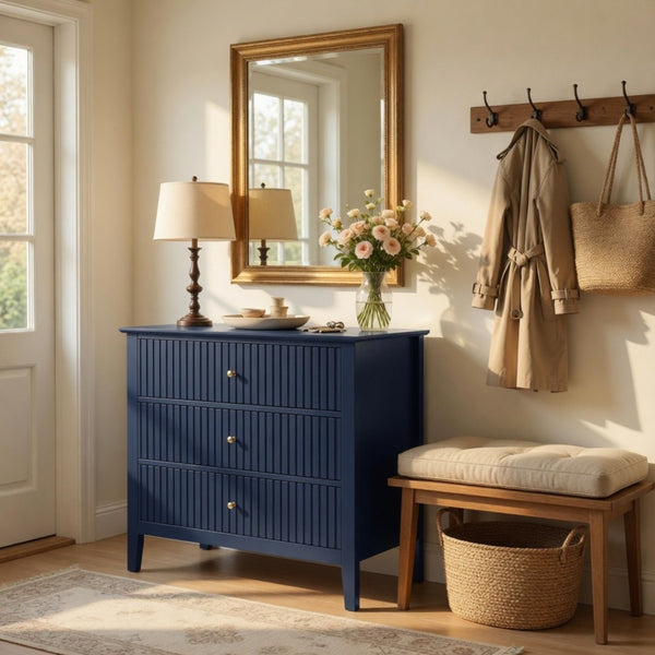 English Elm 32" Wide Fluted Blush Nightstand with Three Soft-close Drawers and Gold Knob Hardware Blue B082P517245