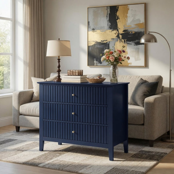 English Elm 32" Wide Fluted Blush Nightstand with Three Soft-close Drawers and Gold Knob Hardware Blue B082P517245