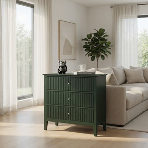 English Elm 32" Wide Fluted Blush Nightstand with Three Soft-close Drawers and Gold Knob Hardware Green B082P517246