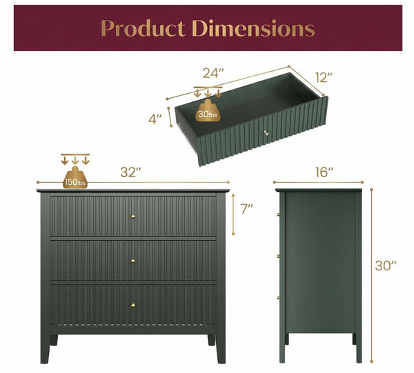English Elm 32" Wide Fluted Blush Nightstand with Three Soft-close Drawers and Gold Knob Hardware Green B082P517246