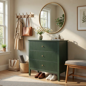 English Elm 32" Wide Fluted Blush Nightstand with Three Soft-close Drawers and Gold Knob Hardware Green B082P517246