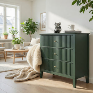 English Elm 32" Wide Fluted Blush Nightstand with Three Soft-close Drawers and Gold Knob Hardware Green B082P517246
