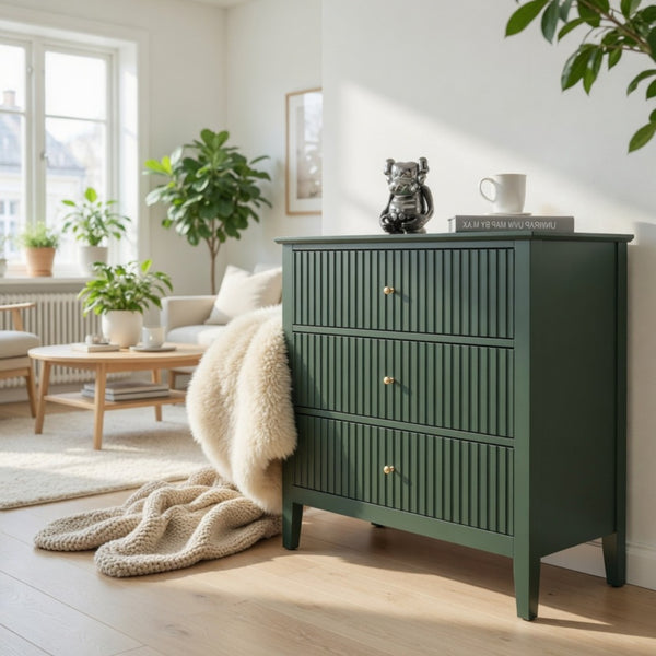 English Elm 32" Wide Fluted Blush Nightstand with Three Soft-close Drawers and Gold Knob Hardware Green B082P517246