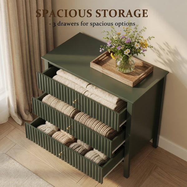 English Elm 32" Wide Fluted Blush Nightstand with Three Soft-close Drawers and Gold Knob Hardware Green B082P517246