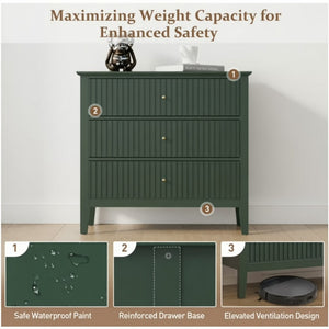 English Elm 32" Wide Fluted Blush Nightstand with Three Soft-close Drawers and Gold Knob Hardware Green B082P517246