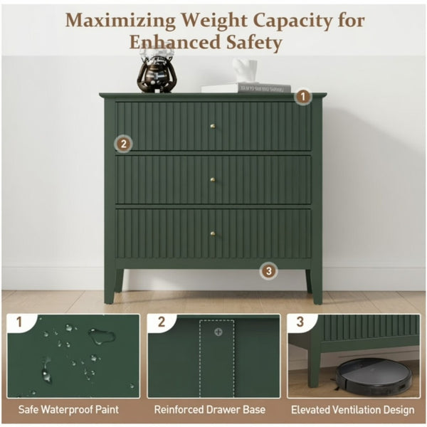 English Elm 32" Wide Fluted Blush Nightstand with Three Soft-close Drawers and Gold Knob Hardware Green B082P517246