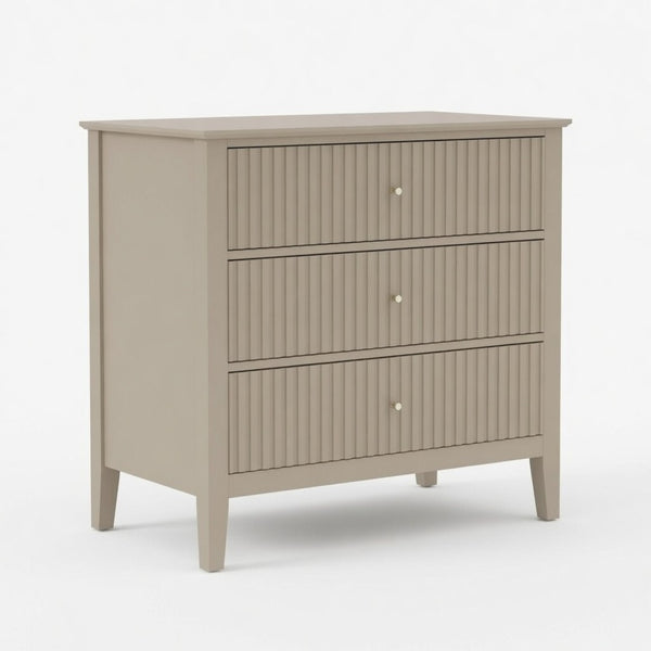 English Elm 32" Wide Fluted Blush Nightstand with Three Soft-close Drawers and Gold Knob Hardware Beige B082P517247