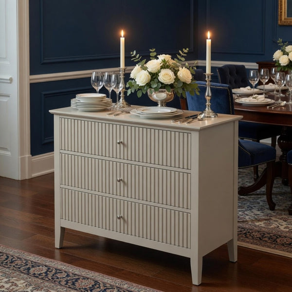 English Elm 32" Wide Fluted Blush Nightstand with Three Soft-close Drawers and Gold Knob Hardware Beige B082P517247