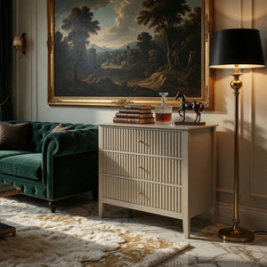 English Elm 32" Wide Fluted Blush Nightstand with Three Soft-close Drawers and Gold Knob Hardware Beige B082P517247