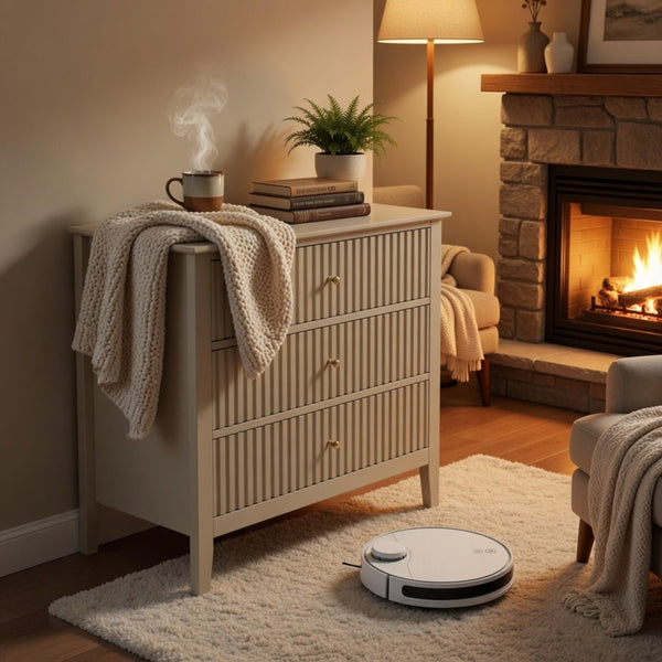 English Elm 32" Wide Fluted Blush Nightstand with Three Soft-close Drawers and Gold Knob Hardware Beige B082P517247