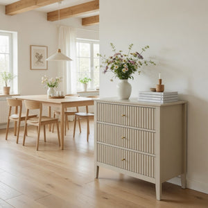 English Elm 32" Wide Fluted Blush Nightstand with Three Soft-close Drawers and Gold Knob Hardware Beige B082P517247