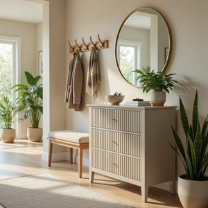 English Elm 32" Wide Fluted Blush Nightstand with Three Soft-close Drawers and Gold Knob Hardware Beige B082P517247