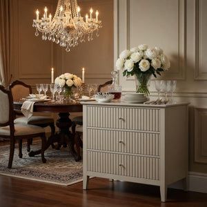 English Elm 32" Wide Fluted Blush Nightstand with Three Soft-close Drawers and Gold Knob Hardware Beige B082P517247