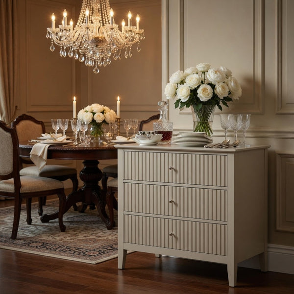 English Elm 32" Wide Fluted Blush Nightstand with Three Soft-close Drawers and Gold Knob Hardware Beige B082P517247