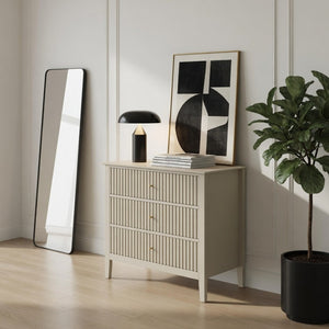 English Elm 32" Wide Fluted Blush Nightstand with Three Soft-close Drawers and Gold Knob Hardware Beige B082P517247