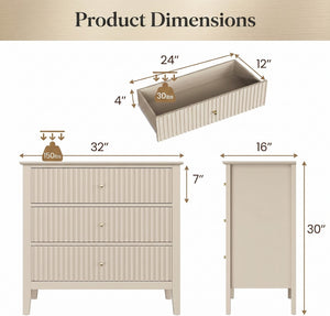English Elm 32" Wide Fluted Blush Nightstand with Three Soft-close Drawers and Gold Knob Hardware Beige B082P517247