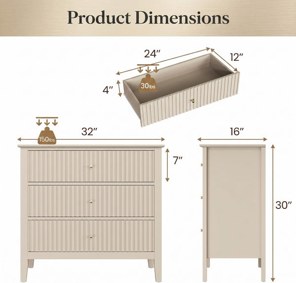 English Elm 32" Wide Fluted Blush Nightstand with Three Soft-close Drawers and Gold Knob Hardware Beige B082P517247