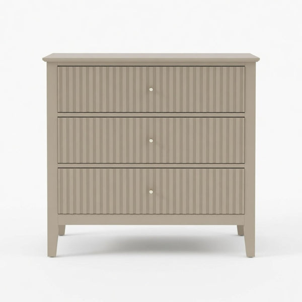 English Elm 32" Wide Fluted Blush Nightstand with Three Soft-close Drawers and Gold Knob Hardware Beige B082P517247