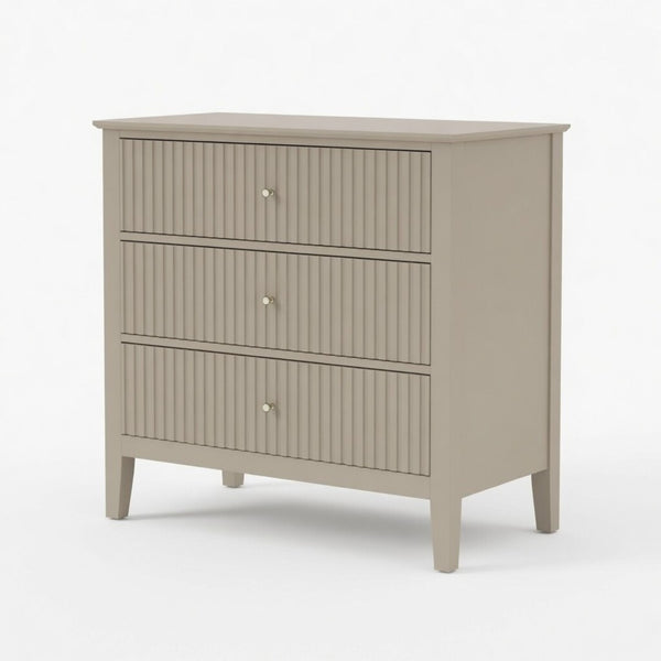 English Elm 32" Wide Fluted Blush Nightstand with Three Soft-close Drawers and Gold Knob Hardware Beige B082P517247