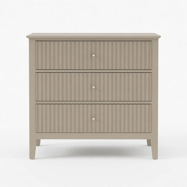 English Elm 32" Wide Fluted Blush Nightstand with Three Soft-close Drawers and Gold Knob Hardware Beige B082P517247