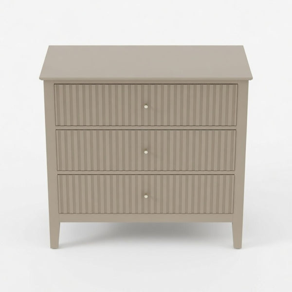 English Elm 32" Wide Fluted Blush Nightstand with Three Soft-close Drawers and Gold Knob Hardware Beige B082P517247