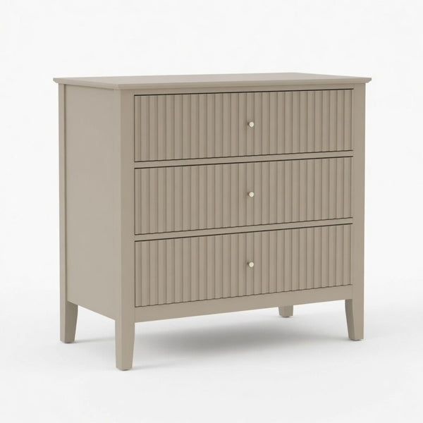English Elm 32" Wide Fluted Blush Nightstand with Three Soft-close Drawers and Gold Knob Hardware Beige B082P517247