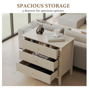 English Elm 32" Wide Fluted Blush Nightstand with Three Soft-close Drawers and Gold Knob Hardware Beige B082P517247