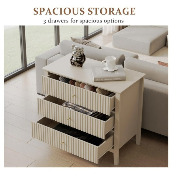 English Elm 32" Wide Fluted Blush Nightstand with Three Soft-close Drawers and Gold Knob Hardware Beige B082P517247