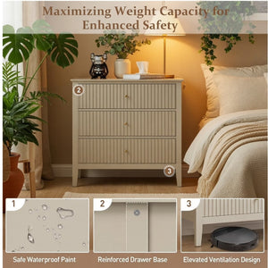 English Elm 32" Wide Fluted Blush Nightstand with Three Soft-close Drawers and Gold Knob Hardware Beige B082P517247