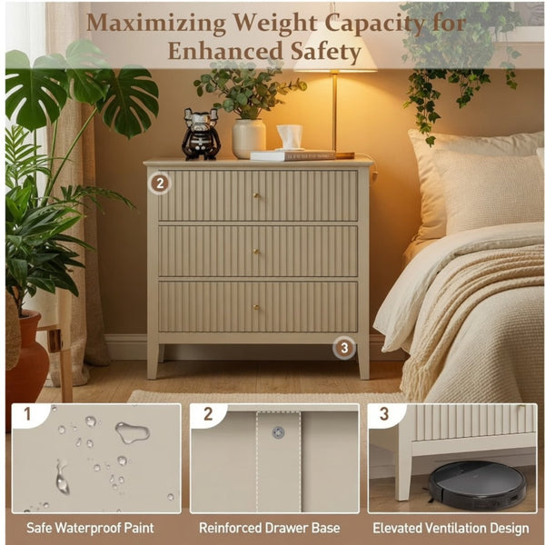English Elm 32" Wide Fluted Blush Nightstand with Three Soft-close Drawers and Gold Knob Hardware Beige B082P517247