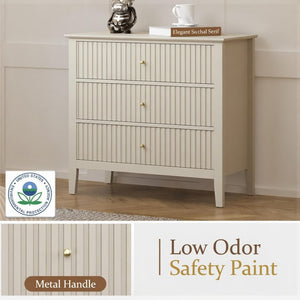 English Elm 32" Wide Fluted Blush Nightstand with Three Soft-close Drawers and Gold Knob Hardware Beige B082P517247