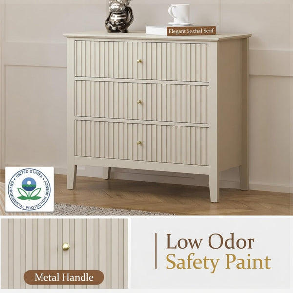 English Elm 32" Wide Fluted Blush Nightstand with Three Soft-close Drawers and Gold Knob Hardware Beige B082P517247