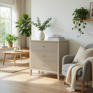 English Elm 32" Wide Fluted Blush Nightstand with Three Soft-close Drawers and Gold Knob Hardware Beige B082P517247