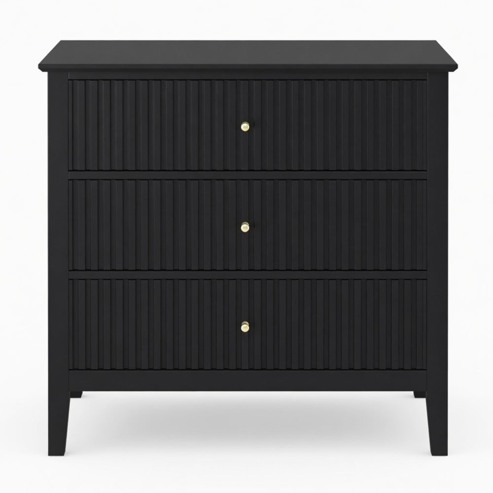 English Elm 32" Wide Fluted Blush Nightstand with Three Soft-close Drawers and Gold Knob Hardware Black B082P517248