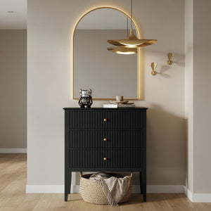 English Elm 32" Wide Fluted Blush Nightstand with Three Soft-close Drawers and Gold Knob Hardware Black B082P517248