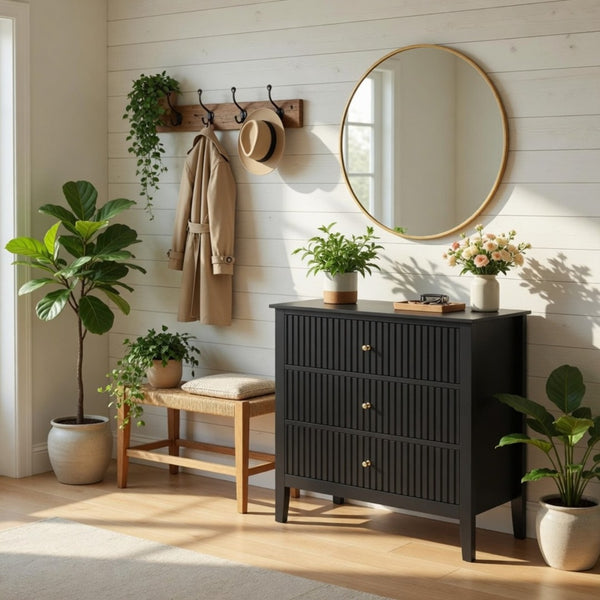 English Elm 32" Wide Fluted Blush Nightstand with Three Soft-close Drawers and Gold Knob Hardware Black B082P517248